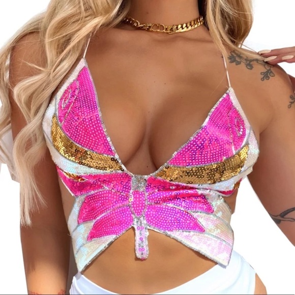 Butterfly Sequin Glitter Festival Rave Crop Top - Picture 1 of 4